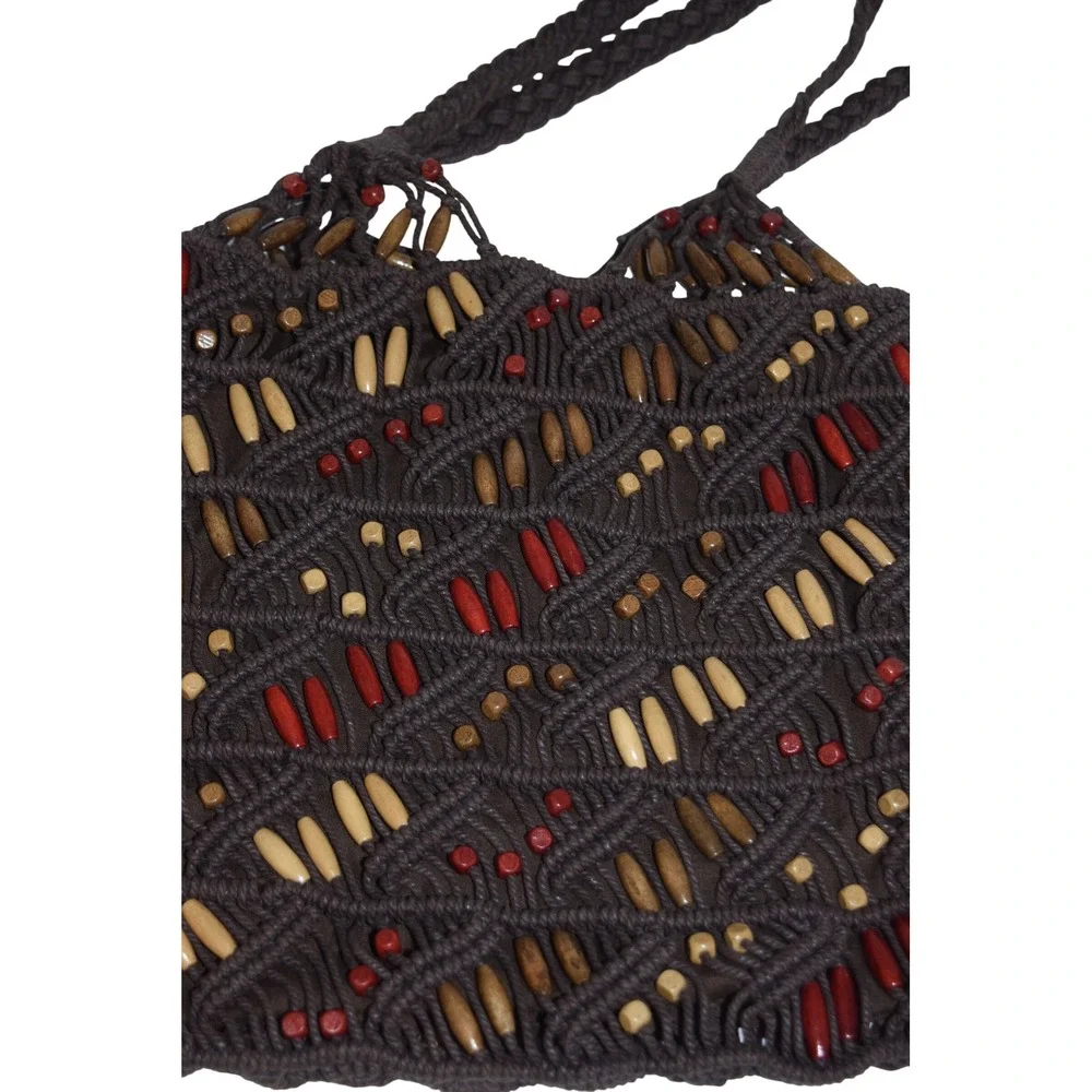 Macrame Purse Tote Bag Womens Medium Brown EUC Beaded Boho‎ Shoulder